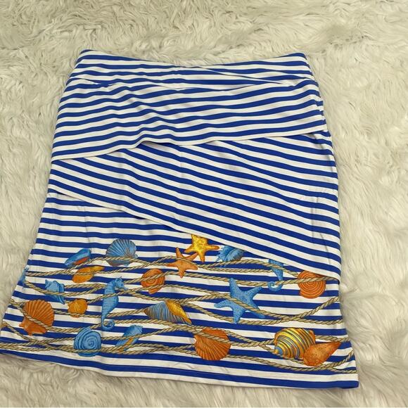 J. McLaughlin Tiered CATALINA Cloth Seashell Skirt Blue Stripe Stretch Size L - Picture 2 of 7